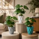 Quito geometric plastic planters displayed on tables in a modern home setting
