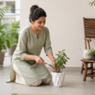 Quito 8 inch white geometric plastic planter being used for home gardening