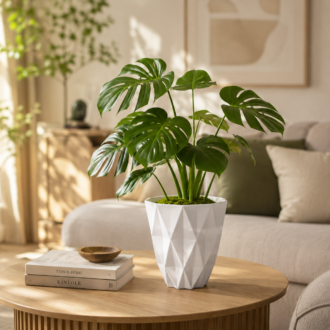 Quito 8 Inch White Plastic Planter – Lifestyle Image Quito 8 inch white geometric plastic planter displayed on a wooden table in a bright living room