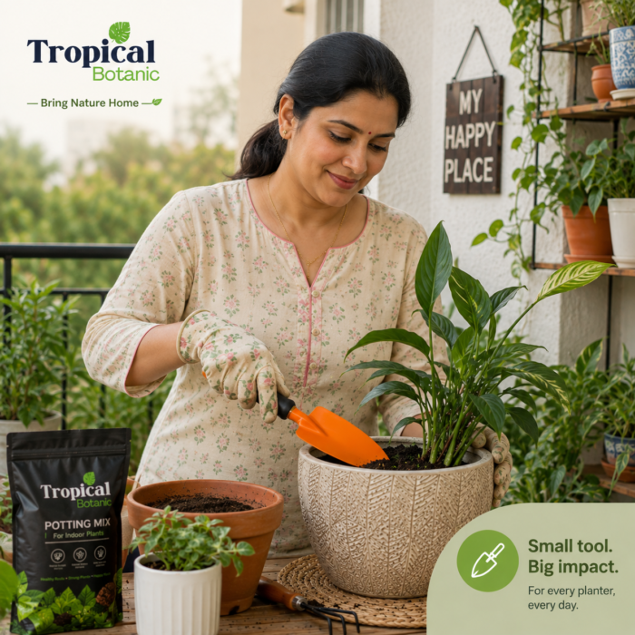 Tropical Botanic Premium Big Trowel – Lifestyle Tropical Botanic Premium Big Trowel in an indoor gardening setting